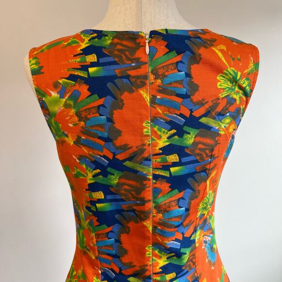 Cotton A-Line Sleeveless Dress Drop Waist Orange Blue Watercolor Size Small - Picture 5 of 7